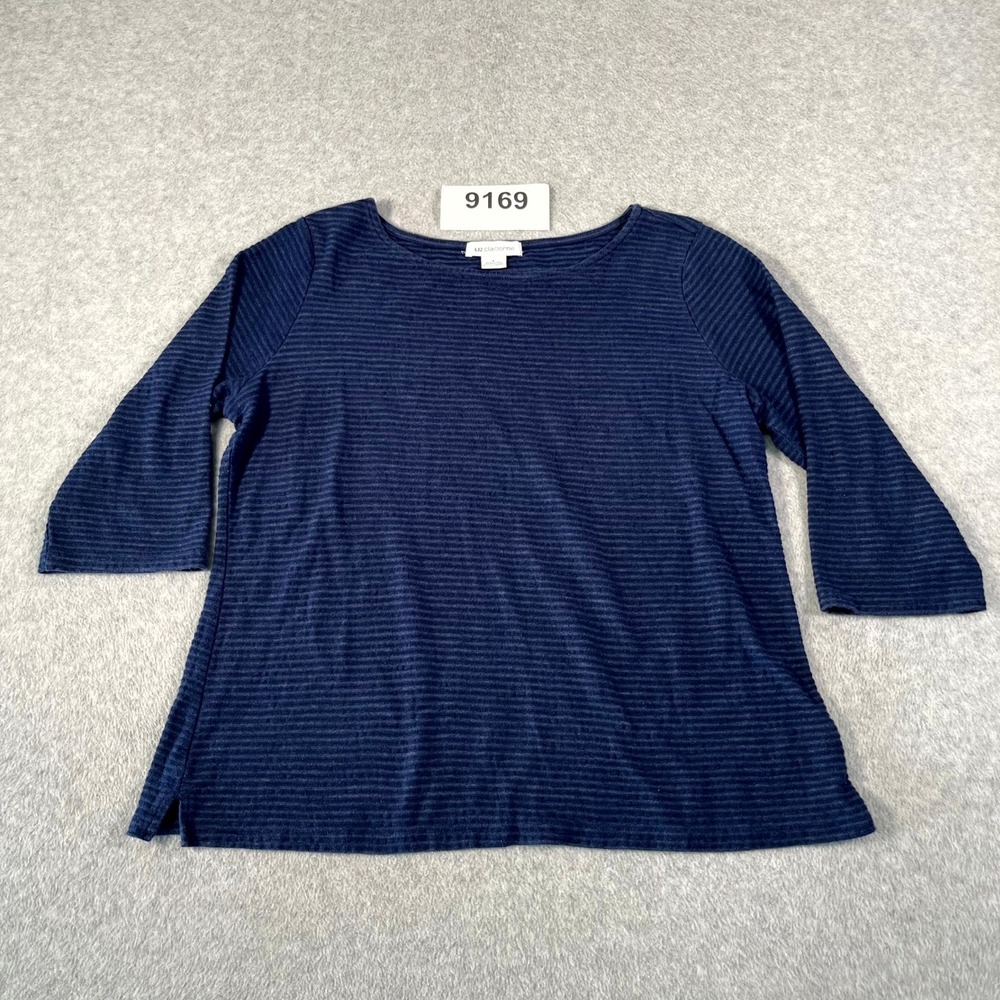 Liz Claiborne Blouse Top Womens Large Blue Cotton Boat Neck Side Slit Casual